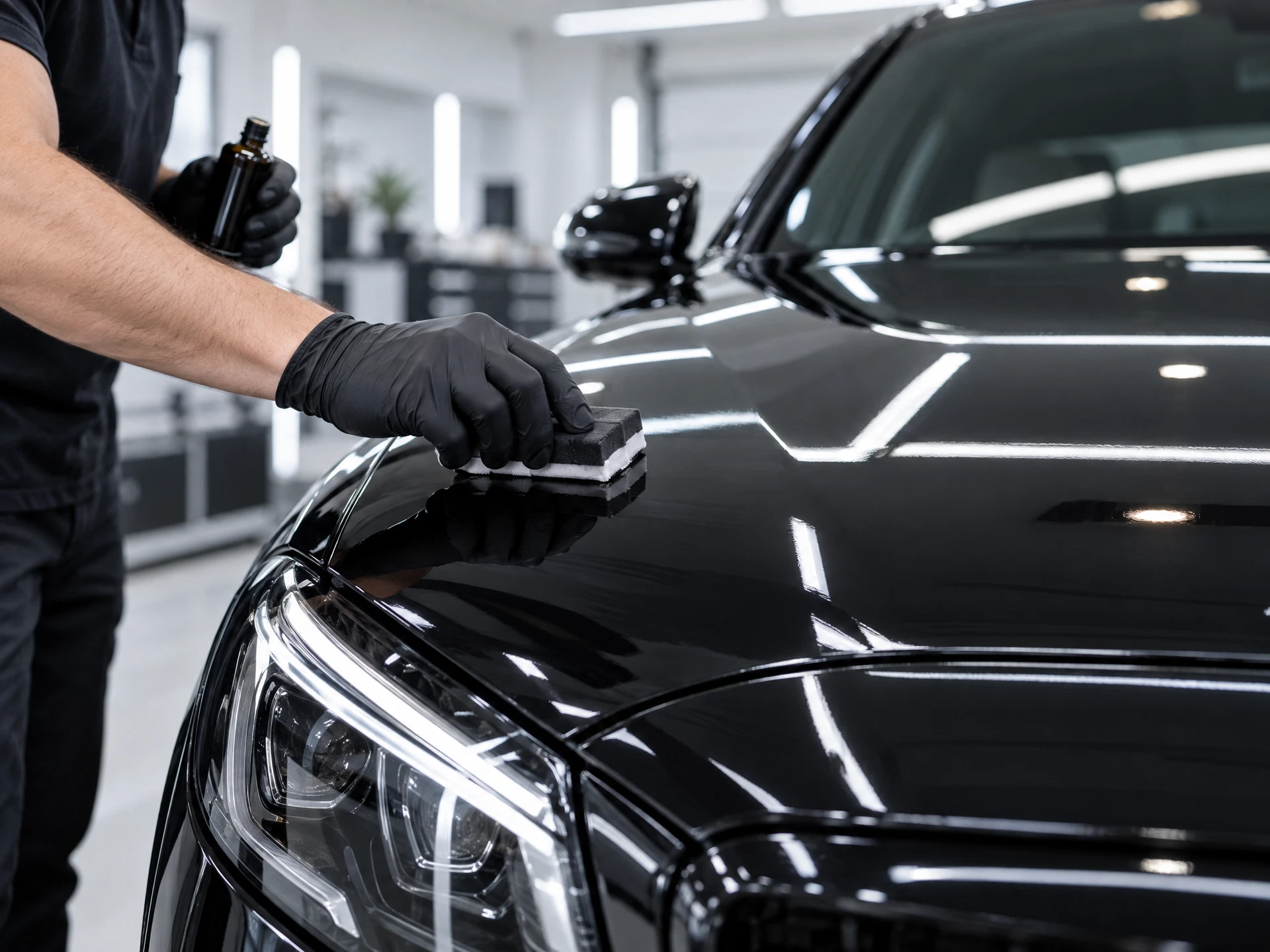 Detailer applying ceramic coating to a car hood