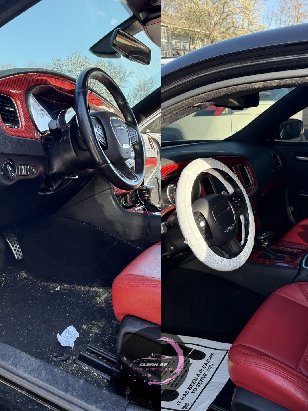 Clean AF interior detailing on light-colored vehicle seats